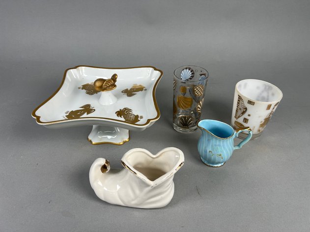 Image for Collection of Mid-Century Barware & Decorative Ceramics Including Georges Briard Gold Motif Glassware, Pedestal Tray & More