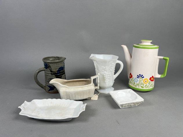 Image for Collection of Vintage Serveware Including Georges Briard Wildflower Coffee Pot, Anchor Hocking Milk Glass Pitcher & Johnson Bros Ironstone
