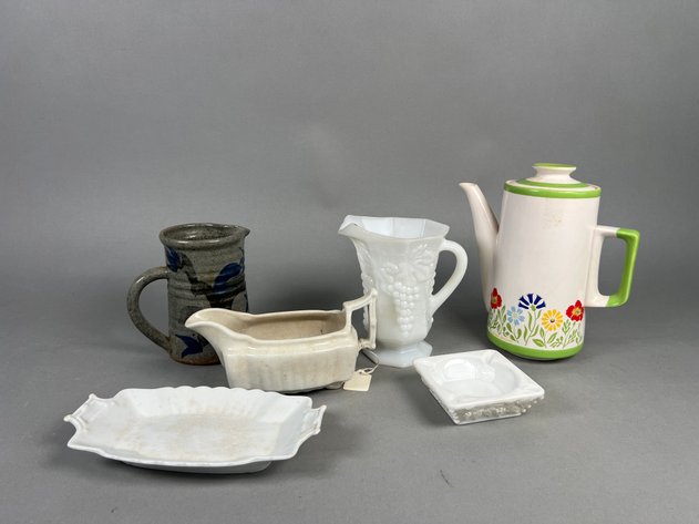 Image for Collection of Vintage Serveware Including Georges Briard Wildflower Coffee Pot, Anchor Hocking Milk Glass Pitcher & Johnson Bros Ironstone