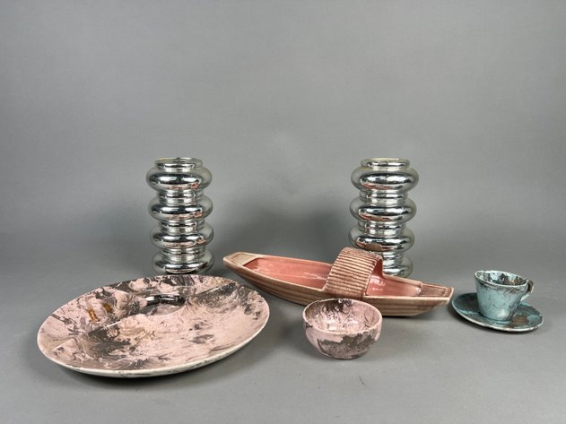 Image for Collection of Vintage Mid-Century Decorative Pottery & Chrome Table Accessories Including Candleholders, Divided Serving Dish & Gondola Planter
