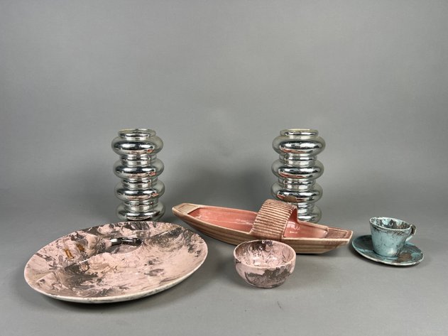 Image for Collection of Vintage Mid-Century Decorative Pottery & Chrome Table Accessories Including Candleholders, Divided Serving Dish & Gondola Planter