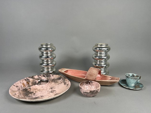 Image for Collection of Vintage Mid-Century Decorative Pottery & Chrome Table Accessories Including Candleholders, Divided Serving Dish & Gondola Planter