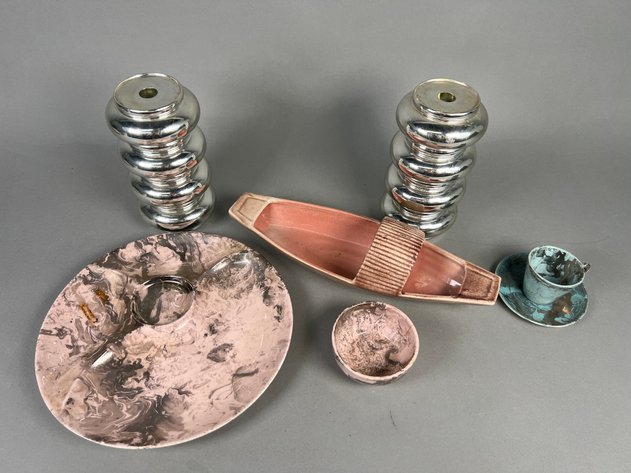 Image for Collection of Vintage Mid-Century Decorative Pottery & Chrome Table Accessories Including Candleholders, Divided Serving Dish & Gondola Planter