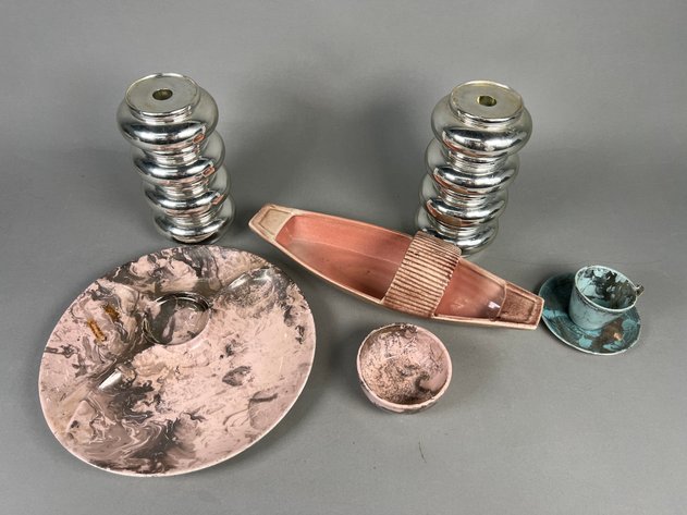 Image for Collection of Vintage Mid-Century Decorative Pottery & Chrome Table Accessories Including Candleholders, Divided Serving Dish & Gondola Planter