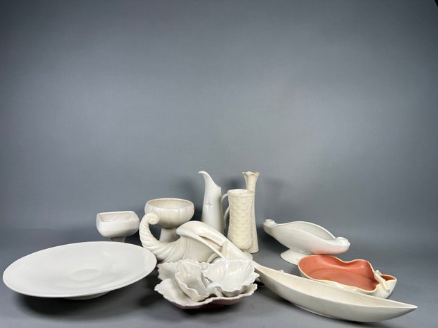 Image for Collection of Vintage USA & Bauer Pottery Including White Vases, Cornucopia, Leaf Dishes & More