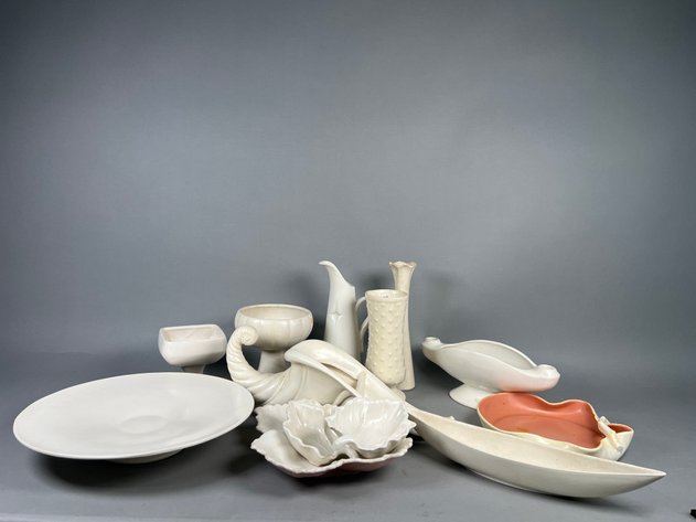 Image for Collection of Vintage USA & Bauer Pottery Including White Vases, Cornucopia, Leaf Dishes & More