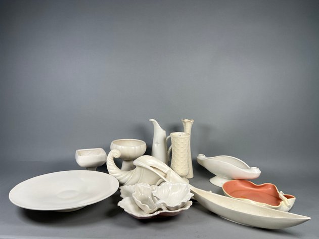 Image for Collection of Vintage USA & Bauer Pottery Including White Vases, Cornucopia, Leaf Dishes & More