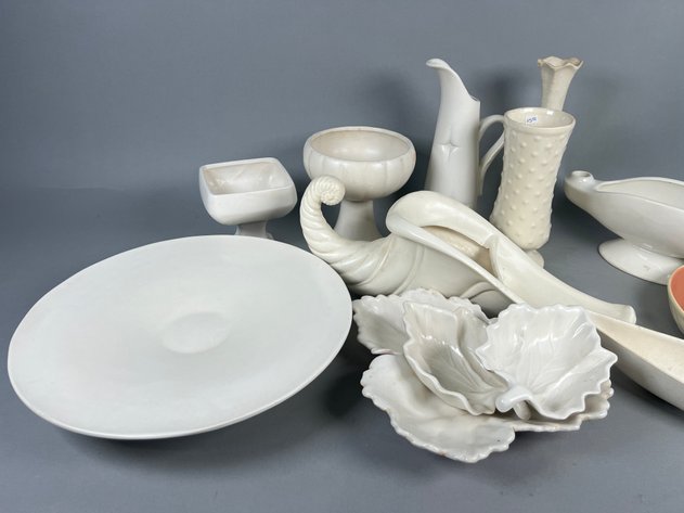 Image for Collection of Vintage USA & Bauer Pottery Including White Vases, Cornucopia, Leaf Dishes & More