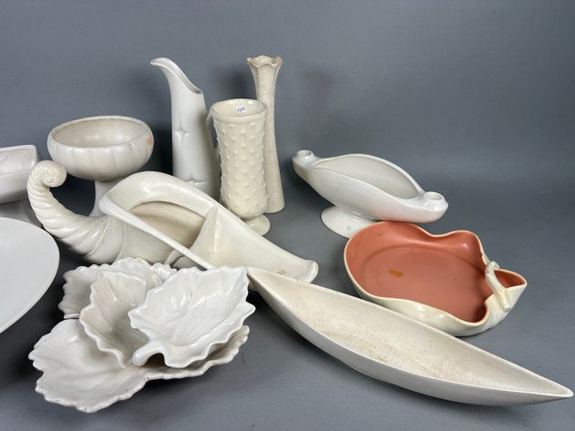 Image for Collection of Vintage USA & Bauer Pottery Including White Vases, Cornucopia, Leaf Dishes & More