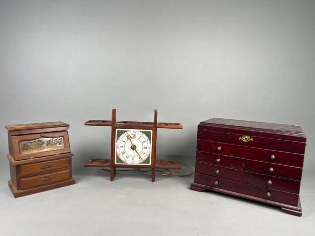 Image for Vintage Georges Briard Wooden Clock with Decorative Wood Jewelry Boxes
