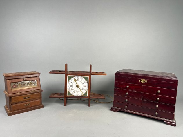 Image for Vintage Georges Briard Wooden Clock with Decorative Wood Jewelry Boxes