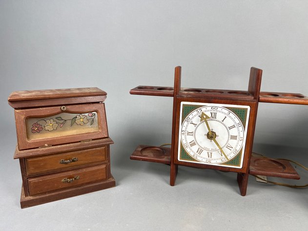 Image for Vintage Georges Briard Wooden Clock with Decorative Wood Jewelry Boxes