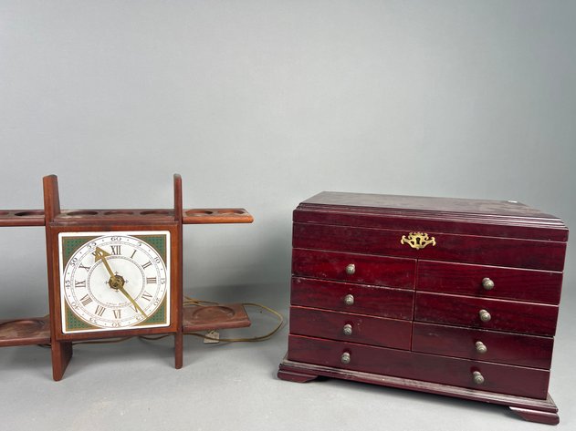 Image for Vintage Georges Briard Wooden Clock with Decorative Wood Jewelry Boxes