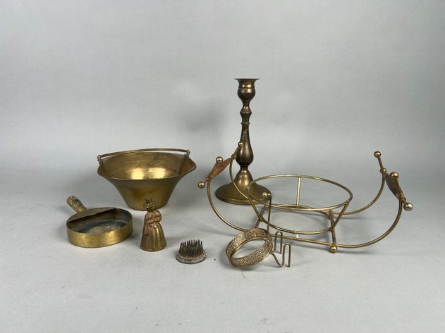 Image for Collection of Vintage Brass Decorative Accessories Including Candlestick, Flower Frog, Figural Bell & More