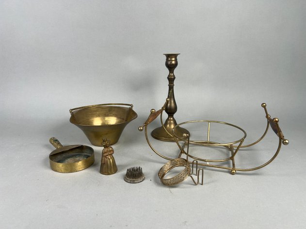 Image for Collection of Vintage Brass Decorative Accessories Including Candlestick, Flower Frog, Figural Bell & More
