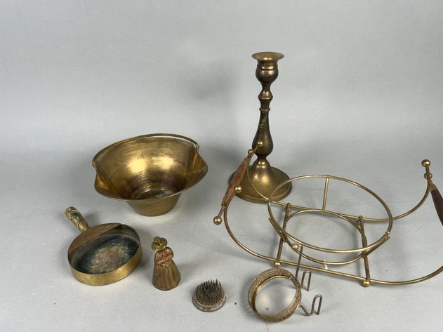 Image for Collection of Vintage Brass Decorative Accessories Including Candlestick, Flower Frog, Figural Bell & More