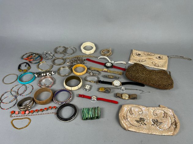 Image for Collection of Vintage Costume Jewelry Including Bangles, Bracelets, Wristwatches & Beaded Evening Bags