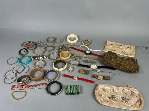 Image for Collection of Vintage Costume Jewelry Including Bangles, Bracelets, Wristwatches & Beaded Evening Bags