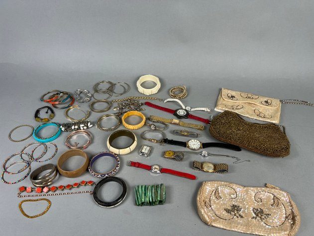 Image for Collection of Vintage Costume Jewelry Including Bangles, Bracelets, Wristwatches & Beaded Evening Bags