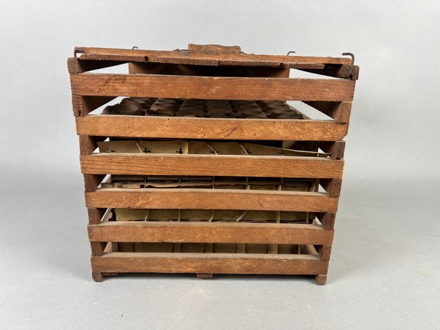 Image for Collection of Antique Primitive Farm Tools Including Wooden Egg Crate, Galvanized Funnel & Hand-Forged Copper Scoop