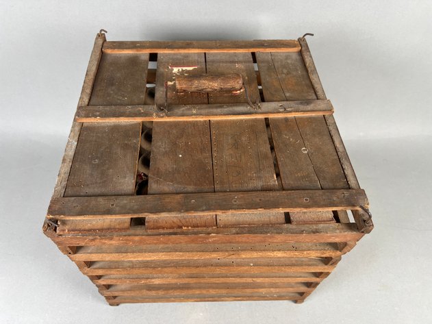 Image for Collection of Antique Primitive Farm Tools Including Wooden Egg Crate, Galvanized Funnel & Hand-Forged Copper Scoop