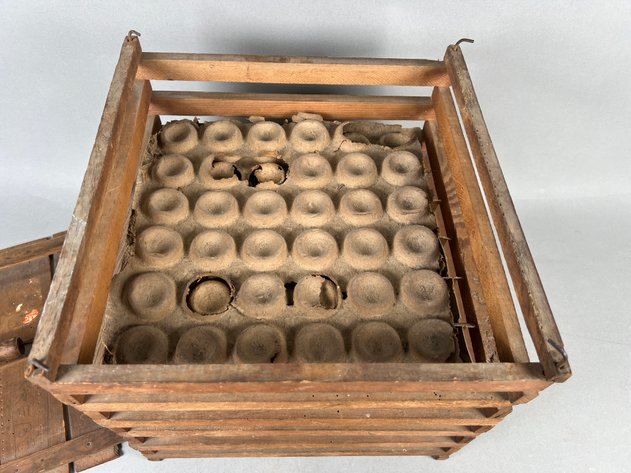 Image for Collection of Antique Primitive Farm Tools Including Wooden Egg Crate, Galvanized Funnel & Hand-Forged Copper Scoop