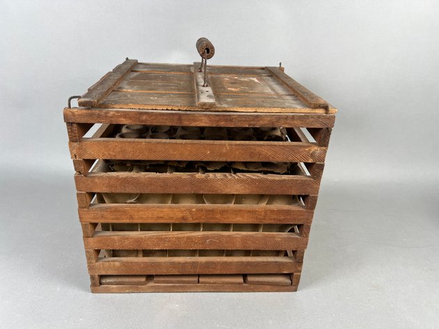 Image for Collection of Antique Primitive Farm Tools Including Wooden Egg Crate, Galvanized Funnel & Hand-Forged Copper Scoop