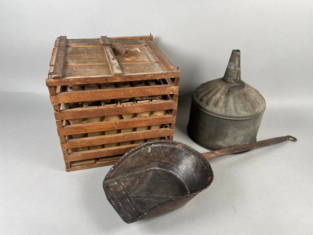 Image for Collection of Antique Primitive Farm Tools Including Wooden Egg Crate, Galvanized Funnel & Hand-Forged Copper Scoop