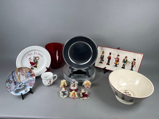 Image for Collection of Christmas D\uFFFdcor & Tableware Including Williams Sonoma Nutcracker Bowl, Pottery Barn Kids Santa Set, Franciscan 