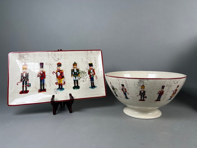 Image for Collection of Christmas D\uFFFdcor & Tableware Including Williams Sonoma Nutcracker Bowl, Pottery Barn Kids Santa Set, Franciscan 