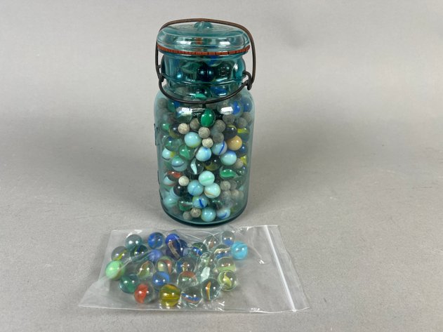 Image for Vintage Ball Mason Jar Filled with Assorted Marbles