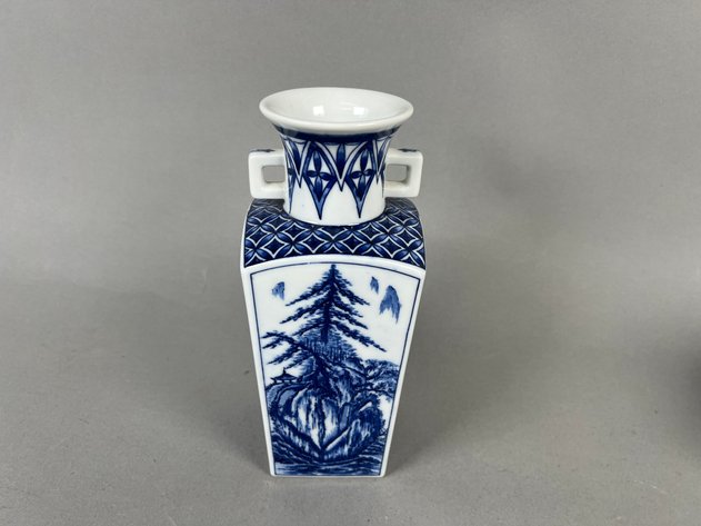 Image for Pair of Vintage Japanese Blue & White Porcelain Vases Including Square Landscape Vase & Lidded Ginger Jar