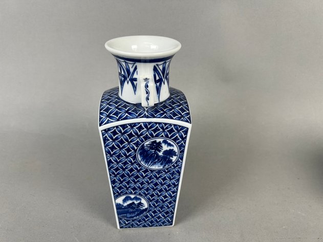 Image for Pair of Vintage Japanese Blue & White Porcelain Vases Including Square Landscape Vase & Lidded Ginger Jar