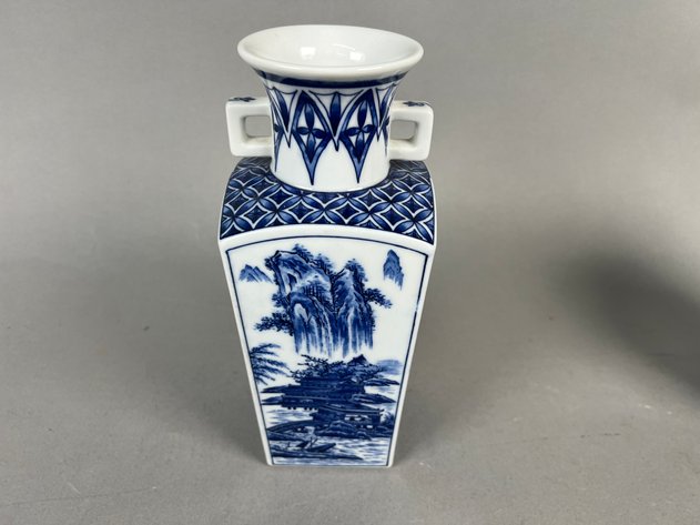 Image for Pair of Vintage Japanese Blue & White Porcelain Vases Including Square Landscape Vase & Lidded Ginger Jar
