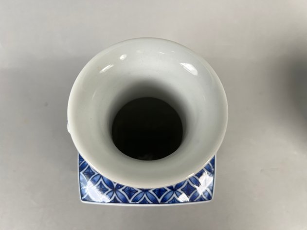 Image for Pair of Vintage Japanese Blue & White Porcelain Vases Including Square Landscape Vase & Lidded Ginger Jar