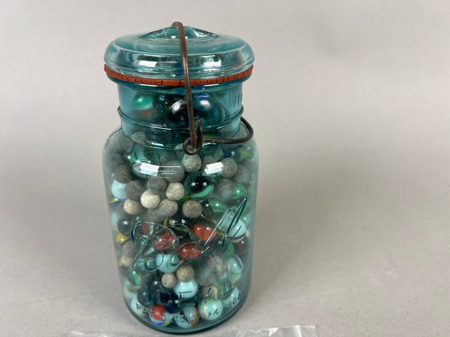 Image for Vintage Ball Mason Jar Filled with Assorted Marbles