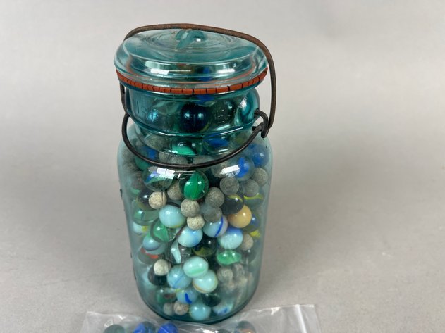 Image for Vintage Ball Mason Jar Filled with Assorted Marbles