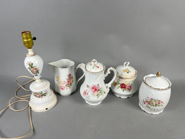 Image for Collection of Vintage Floral Porcelain Including Teapot, Pitcher, Covered Jars & Lamp