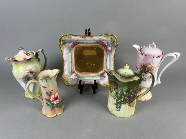 Image for Collection of Antique & Vintage Hand-Painted Porcelain Including A&C Bavaria Grape Chocolate Pot, German Floral Pitchers & Decorative Bowl
