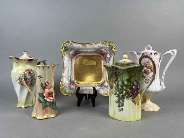 Image for Collection of Antique & Vintage Hand-Painted Porcelain Including A&C Bavaria Grape Chocolate Pot, German Floral Pitchers & Decorative Bowl