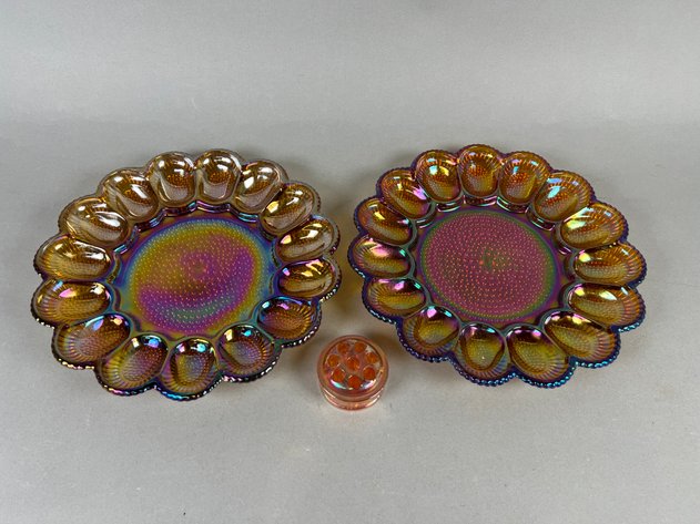 Image for Pair of Vintage Indiana Glass Hobnail Iridescent Amber Carnival Glass Deviled Egg Plates & Carnival Glass Flower Frog