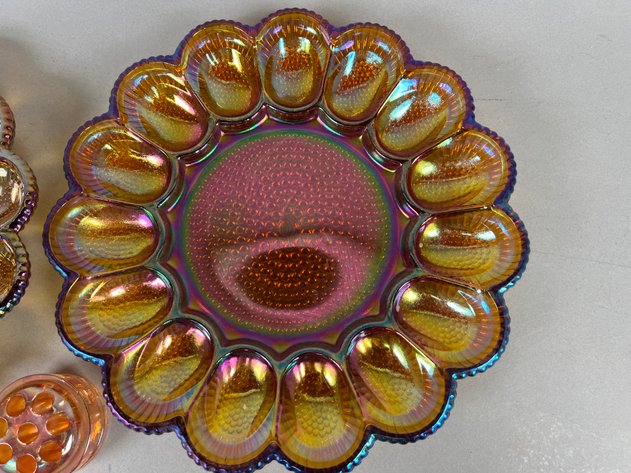 Image for Pair of Vintage Indiana Glass Hobnail Iridescent Amber Carnival Glass Deviled Egg Plates & Carnival Glass Flower Frog