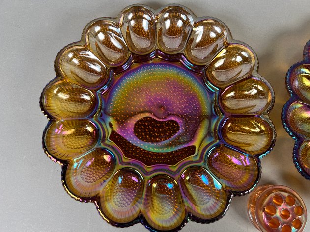 Image for Pair of Vintage Indiana Glass Hobnail Iridescent Amber Carnival Glass Deviled Egg Plates & Carnival Glass Flower Frog