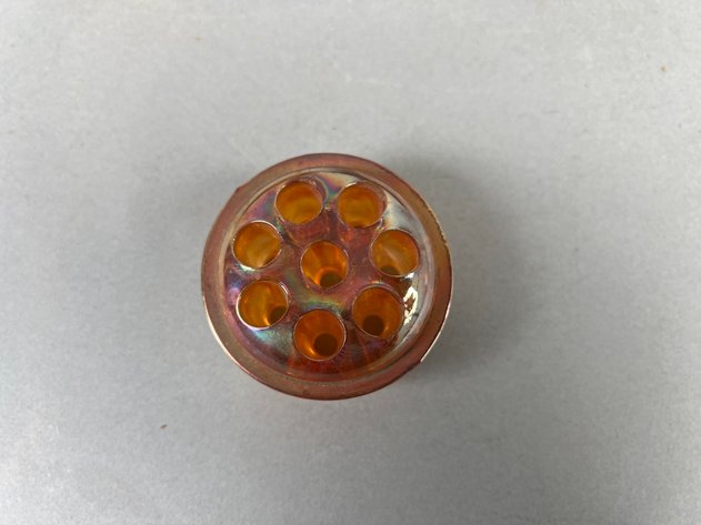 Image for Pair of Vintage Indiana Glass Hobnail Iridescent Amber Carnival Glass Deviled Egg Plates & Carnival Glass Flower Frog