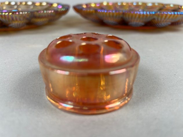 Image for Pair of Vintage Indiana Glass Hobnail Iridescent Amber Carnival Glass Deviled Egg Plates & Carnival Glass Flower Frog