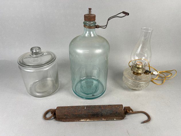 Image for Collection of Vintage Household & General Store Items Including Owens-Illinois Aqua Glass Kerosene Jug, Sargent Excelsior Spring Balance Scale, Glass Canister & Oil Lamp