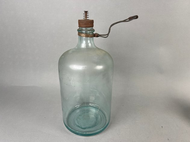 Image for Collection of Vintage Household & General Store Items Including Owens-Illinois Aqua Glass Kerosene Jug, Sargent Excelsior Spring Balance Scale, Glass Canister & Oil Lamp