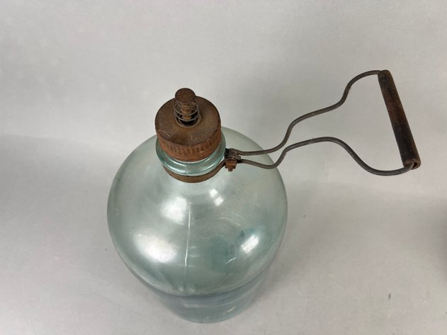 Image for Collection of Vintage Household & General Store Items Including Owens-Illinois Aqua Glass Kerosene Jug, Sargent Excelsior Spring Balance Scale, Glass Canister & Oil Lamp