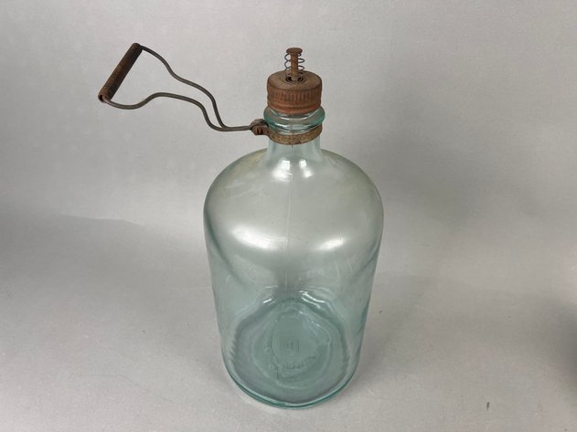 Image for Collection of Vintage Household & General Store Items Including Owens-Illinois Aqua Glass Kerosene Jug, Sargent Excelsior Spring Balance Scale, Glass Canister & Oil Lamp