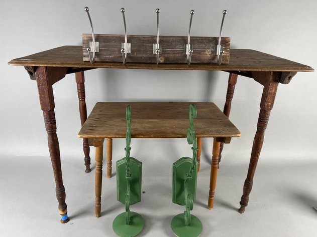Image for Collection of Vintage Furniture & Home D\uFFFdcor Including Folding Tables, Pair of Green Wall Sconces & Wall-Mount Coat Rack
